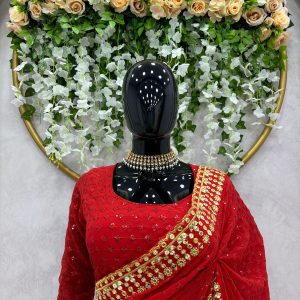 Ananya Pandey Inspired Sequins Saree in Red - Image 4