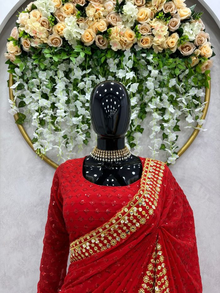 Ananya Pandey Inspired Sequins Saree in Red - Image 4