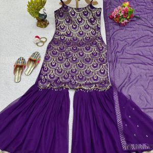 Thread and Sequins Work Kurta Sharara Set - Image 3