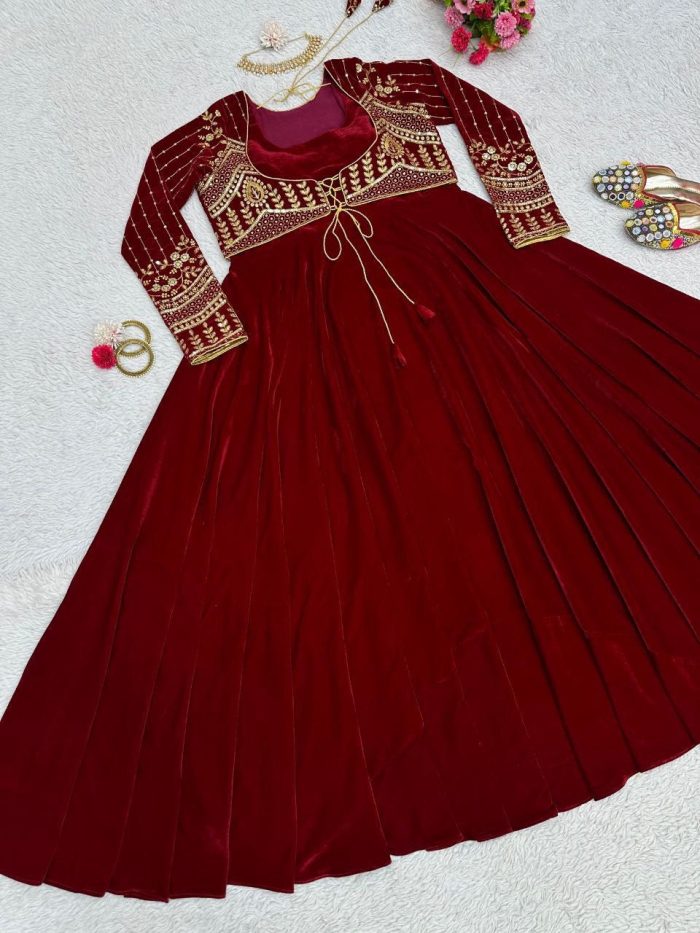 Velvet Anarkali Gown with Embroidered Koti - Image 5