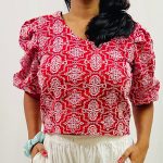 Cotton Schiffli V-Neck Top with Puff Sleeves