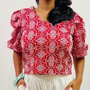 Cotton Schiffli V-Neck Top with Puff Sleeves