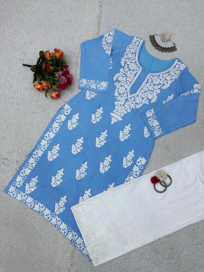 Chainstitch Work Rayon Kurta Set - Image 2