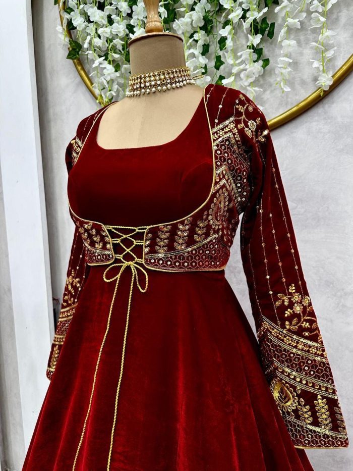 Velvet Anarkali Gown with Embroidered Koti - Image 3