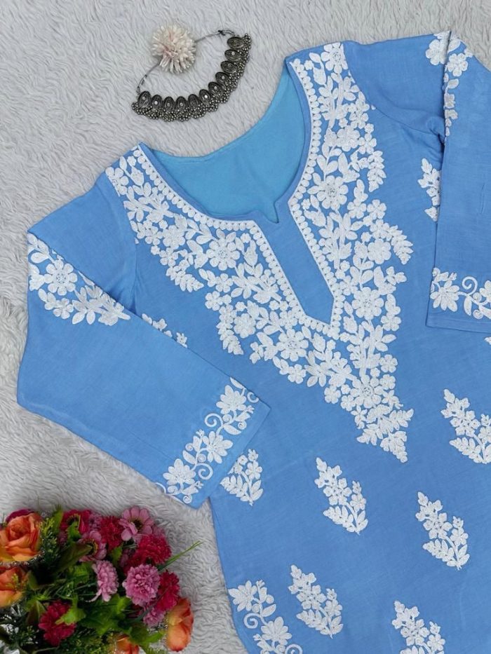 Chainstitch Work Rayon Kurta Set - Image 4