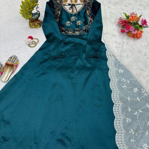 Anarkali Dress in Teal with Thread Work Dupatta - Image 5
