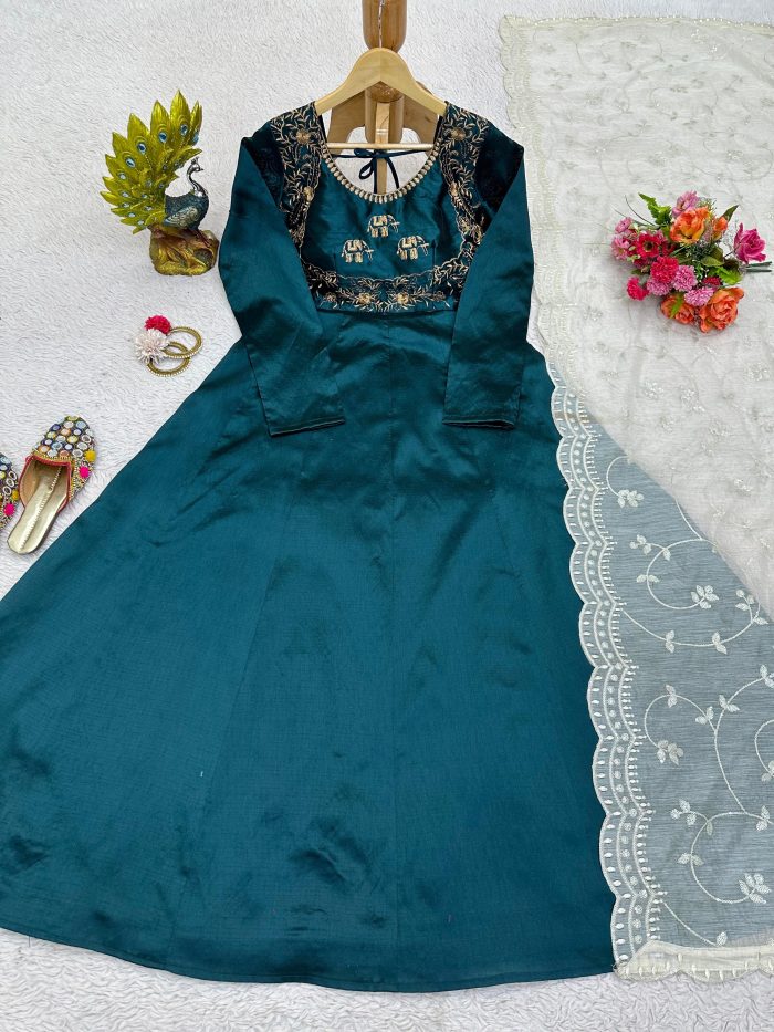 Anarkali Dress in Teal with Thread Work Dupatta - Image 5