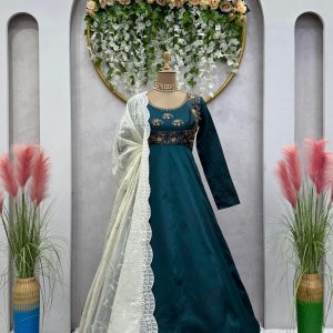Anarkali Dress in Teal with Thread Work Dupatta