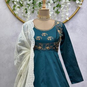 Anarkali Dress in Teal with Thread Work Dupatta - Image 2
