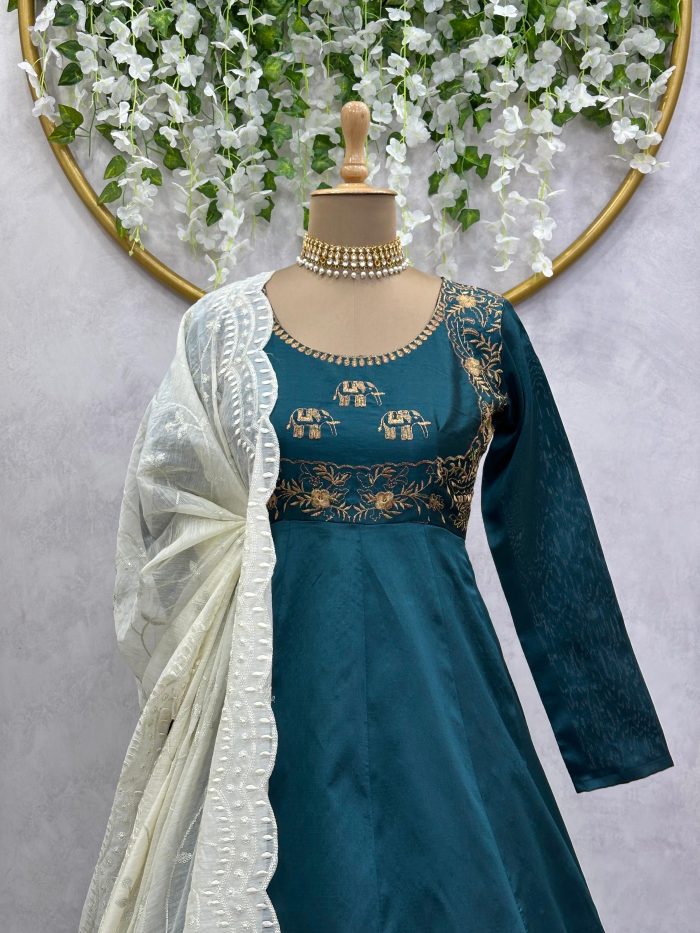 Anarkali Dress in Teal with Thread Work Dupatta - Image 2