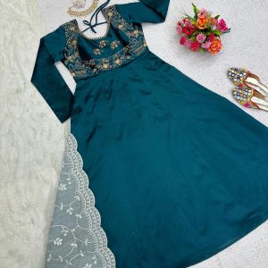 Anarkali Dress in Teal with Thread Work Dupatta - Image 4