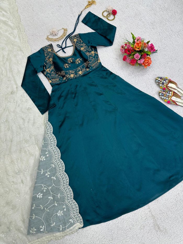 Anarkali Dress in Teal with Thread Work Dupatta - Image 4