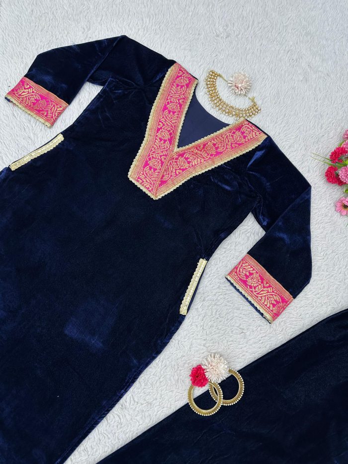 Velvet Kurta Set with Pockets - Image 7