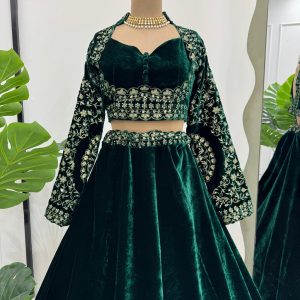 Designer Velvet Lehenga Set in Green - Image 3