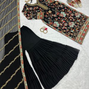 Multi Embroidered Sharara Set in Black - Image 7
