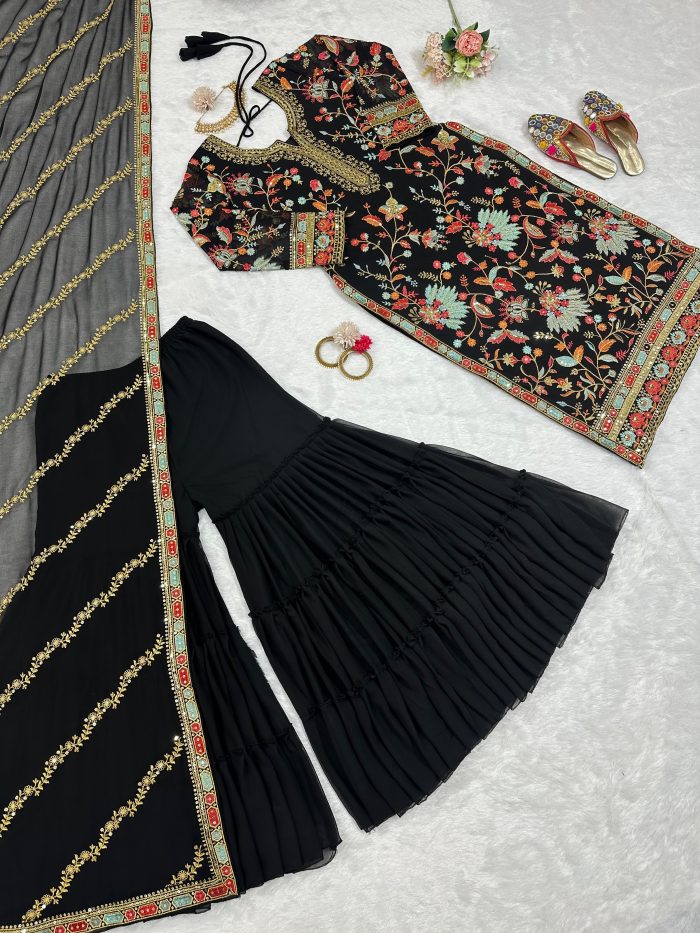 Multi Embroidered Sharara Set in Black - Image 7