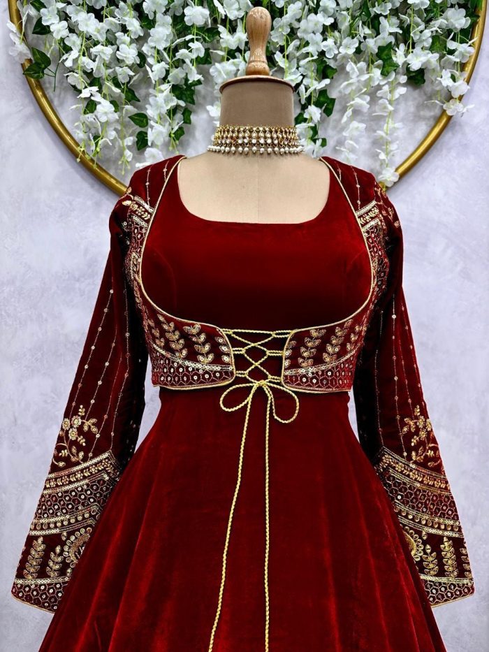 Velvet Anarkali Gown with Embroidered Koti - Image 2