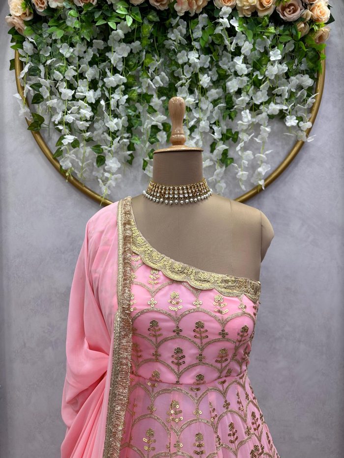 One Shoulder Anarkali Set with Thread and Sequins work - Image 3