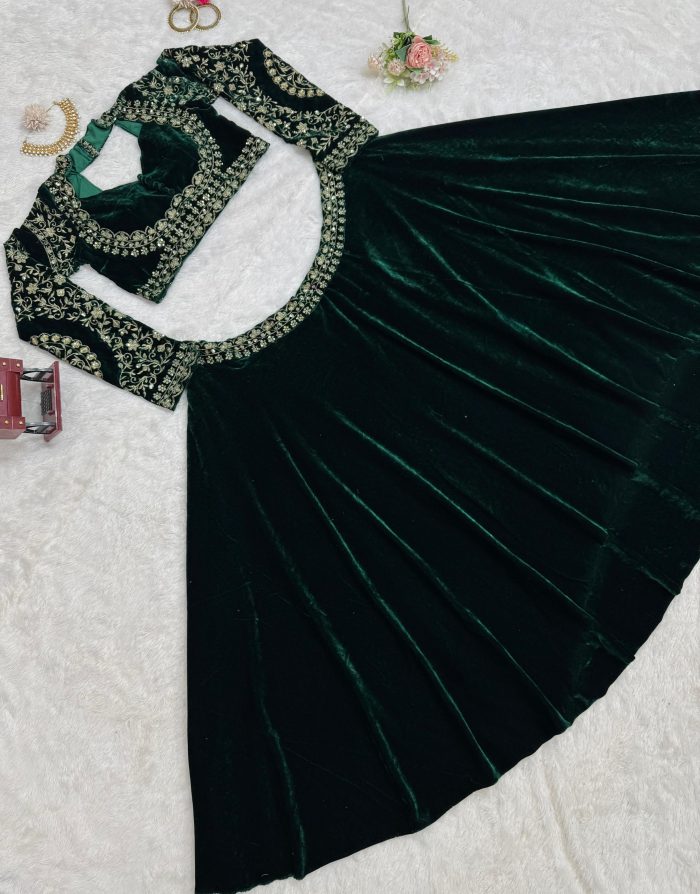 Designer Velvet Lehenga Set in Green - Image 6