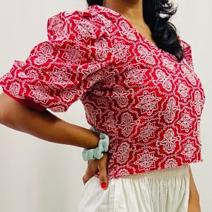 Cotton Schiffli V-Neck Top with Puff Sleeves - Image 2