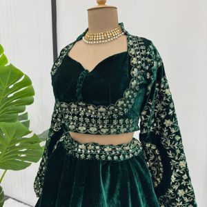 Designer Velvet Lehenga Set in Green - Image 5