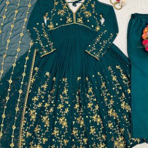 Embroidered Anarkali Set in Green - Image 7