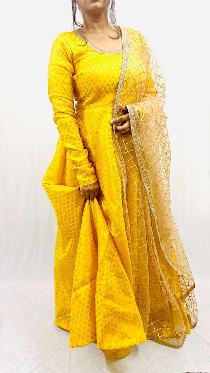 Silk Brocade Anarkali Dress with Net Dupatta - Image 3