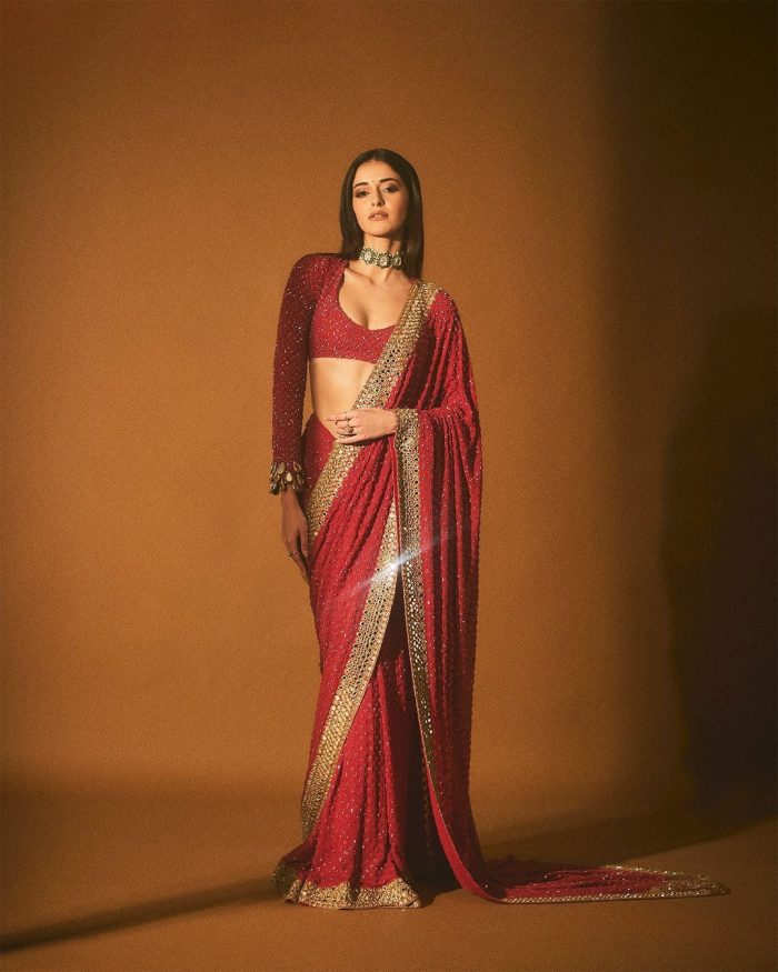 Ananya Pandey Inspired Sequins Saree in Red - Image 2