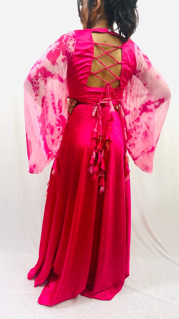 Balloon Sleeves Satin Dress with Waist Belt