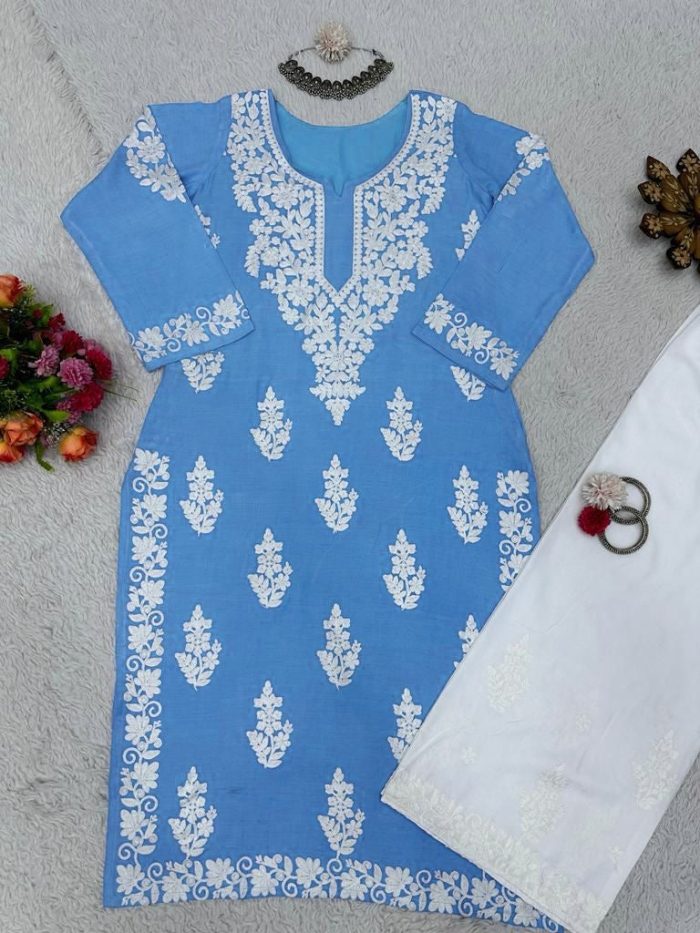 Chainstitch Work Rayon Kurta Set - Image 3