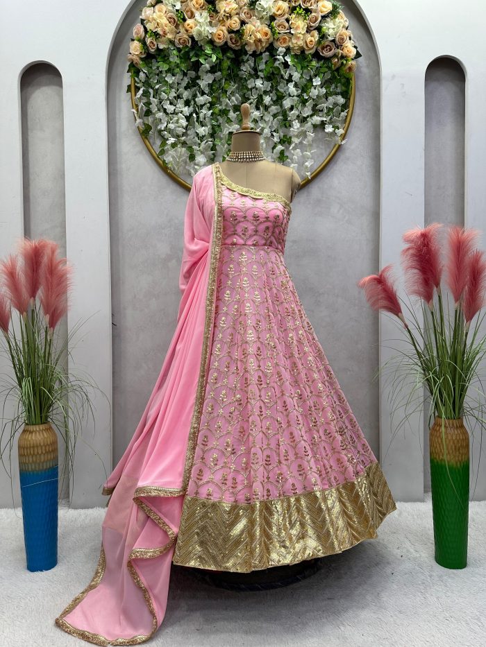 One Shoulder Anarkali Set with Thread and Sequins work