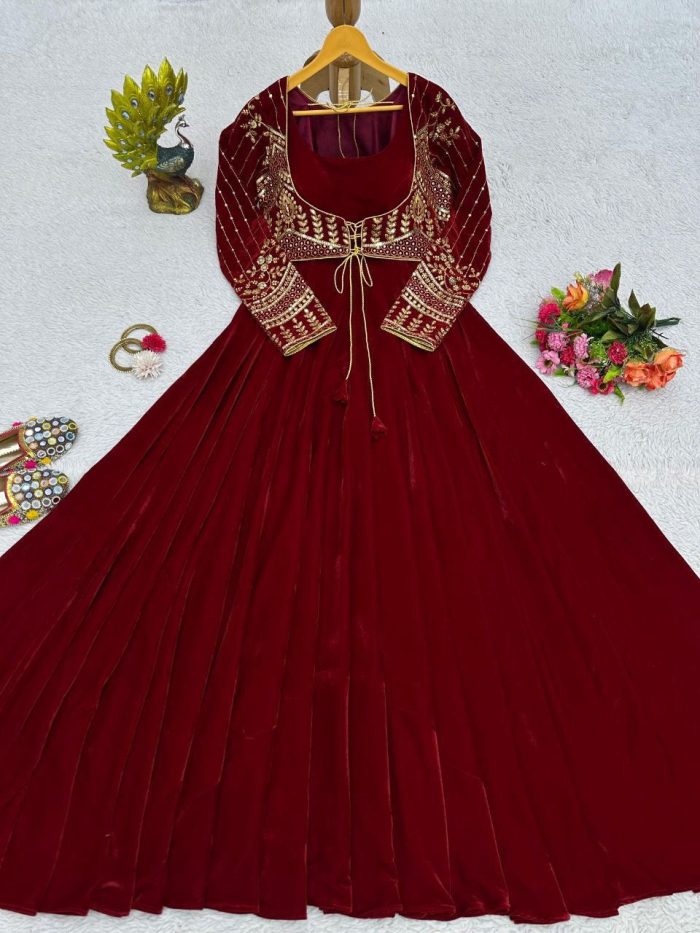 Velvet Anarkali Gown with Embroidered Koti - Image 8