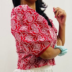 Cotton Schiffli V-Neck Top with Puff Sleeves - Image 3