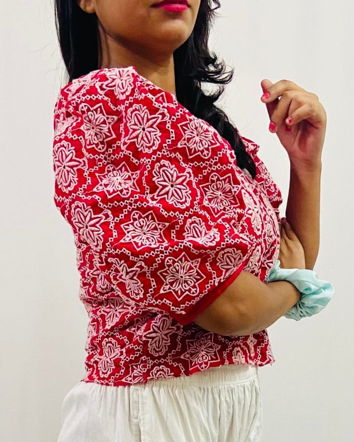 Cotton Schiffli V-Neck Top with Puff Sleeves - Image 3