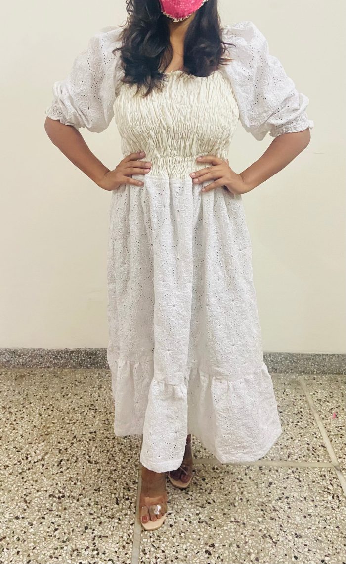 Cotton Schiffli Smocked Puff Sleeve Dress - Image 3