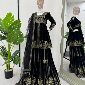 Velvet Slit Peplum Kurta Palazzo Set
