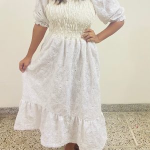 Cotton Schiffli Smocked Puff Sleeve Dress