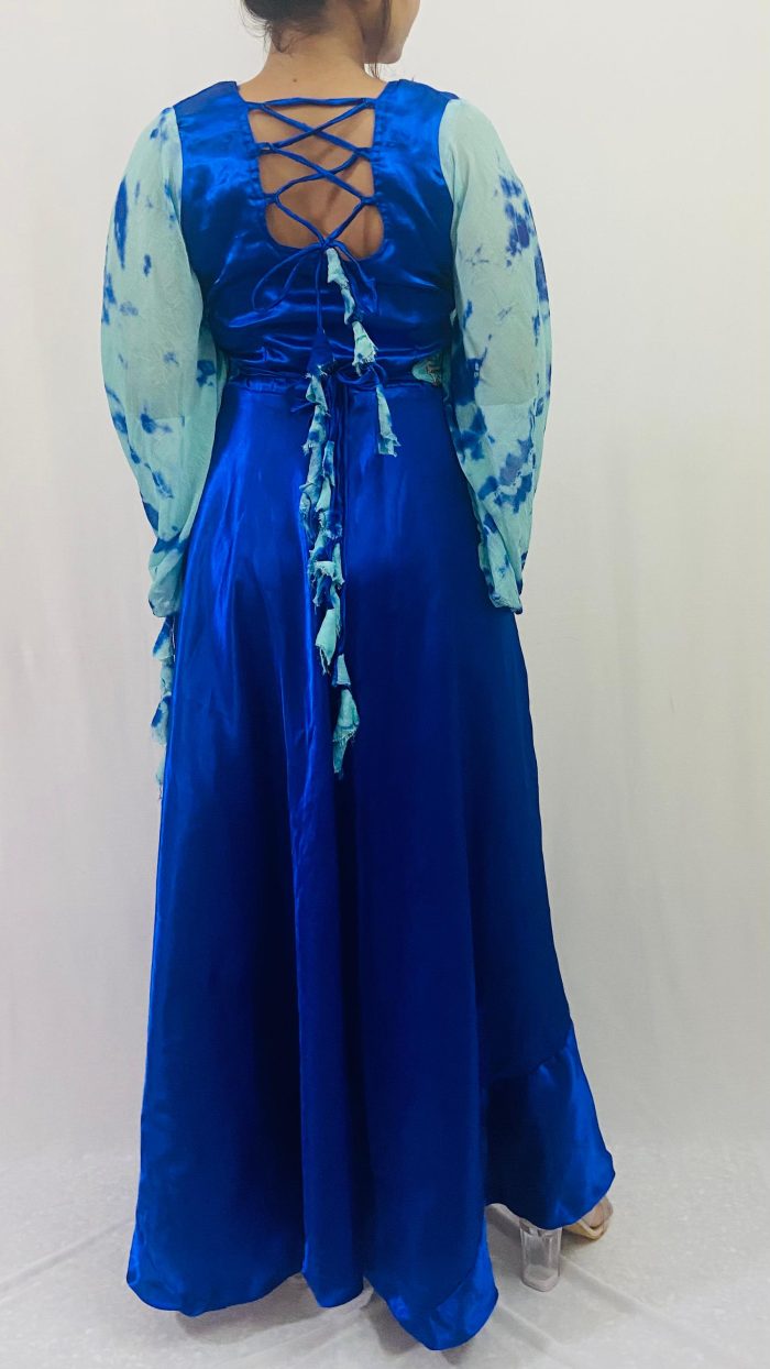 Balloon Sleeves Satin Dress with Waist Belt - Image 5