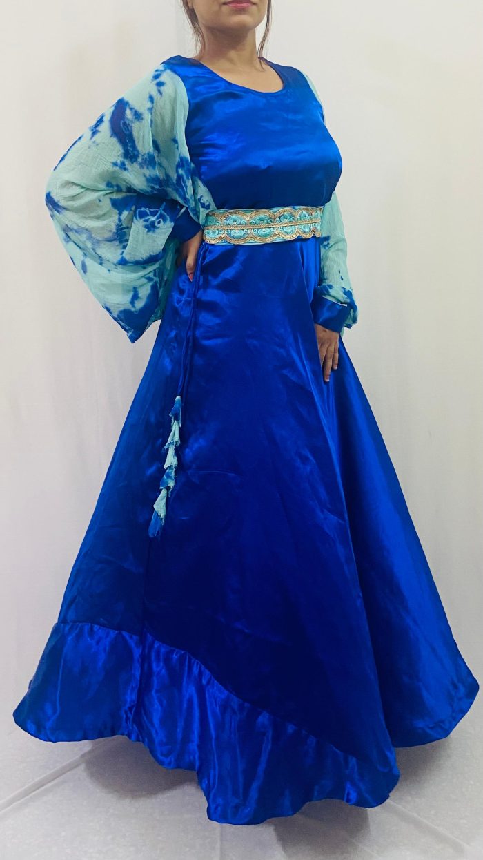 Balloon Sleeves Satin Dress with Waist Belt - Image 6