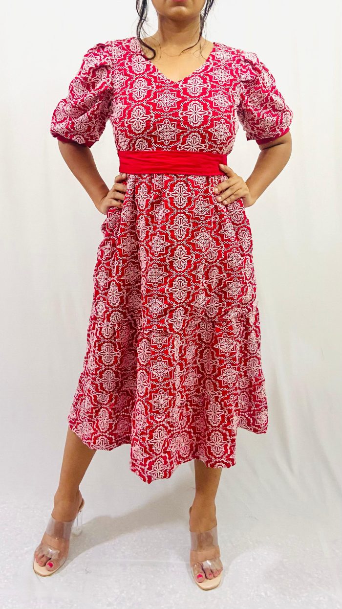 Cotton Schiffli 2 Tier Dress with Puff Sleeves - Image 7