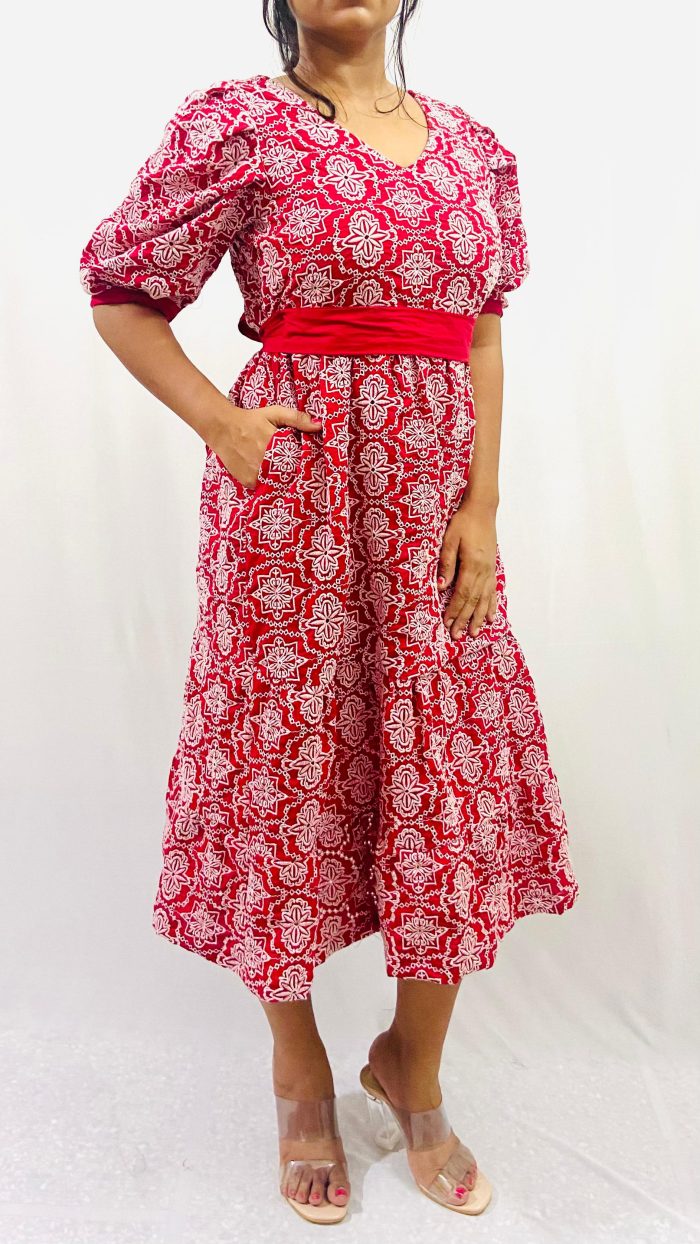 Cotton Schiffli 2 Tier Dress with Puff Sleeves - Image 5