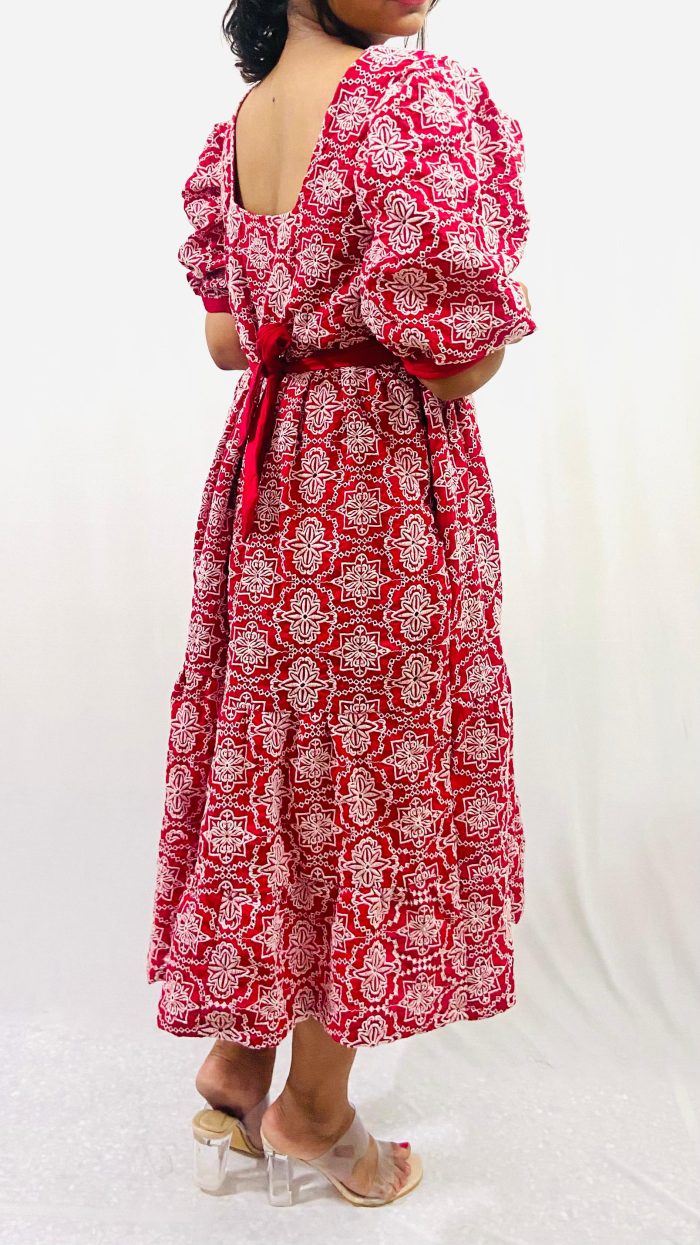 Cotton Schiffli 2 Tier Dress with Puff Sleeves - Image 4
