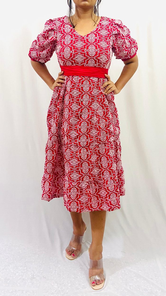 Cotton Schiffli 2 Tier Dress with Puff Sleeves - Image 2