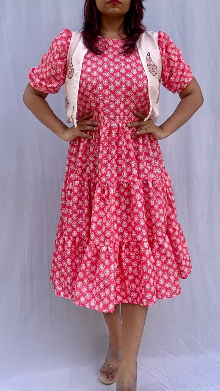 3 Tier Puff Sleeve Dress with Crop Shrug - Image 3