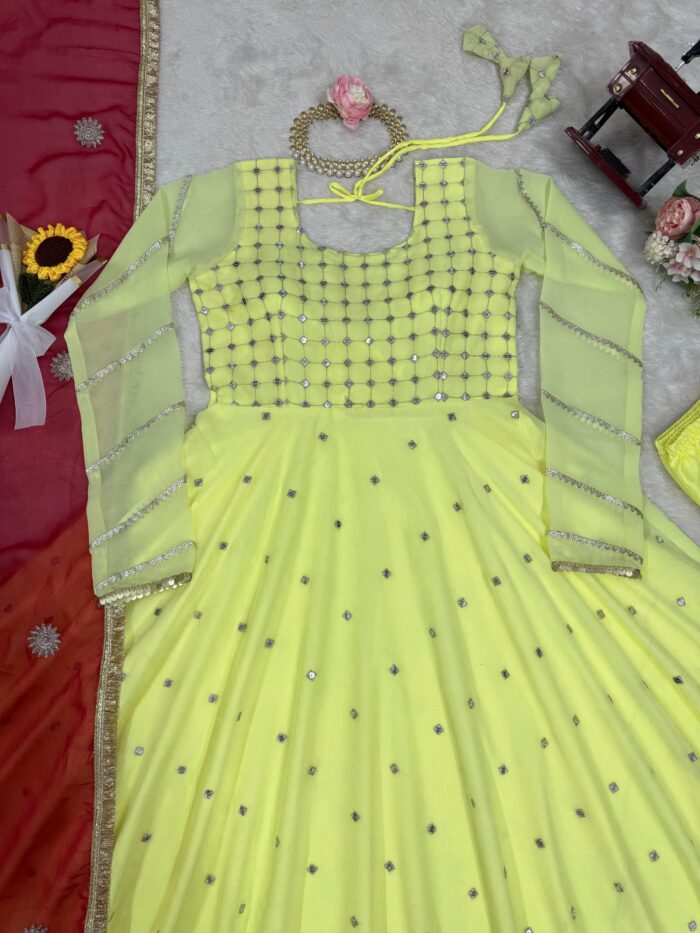 Yellow Anarkali with Red Dupatta - Image 4