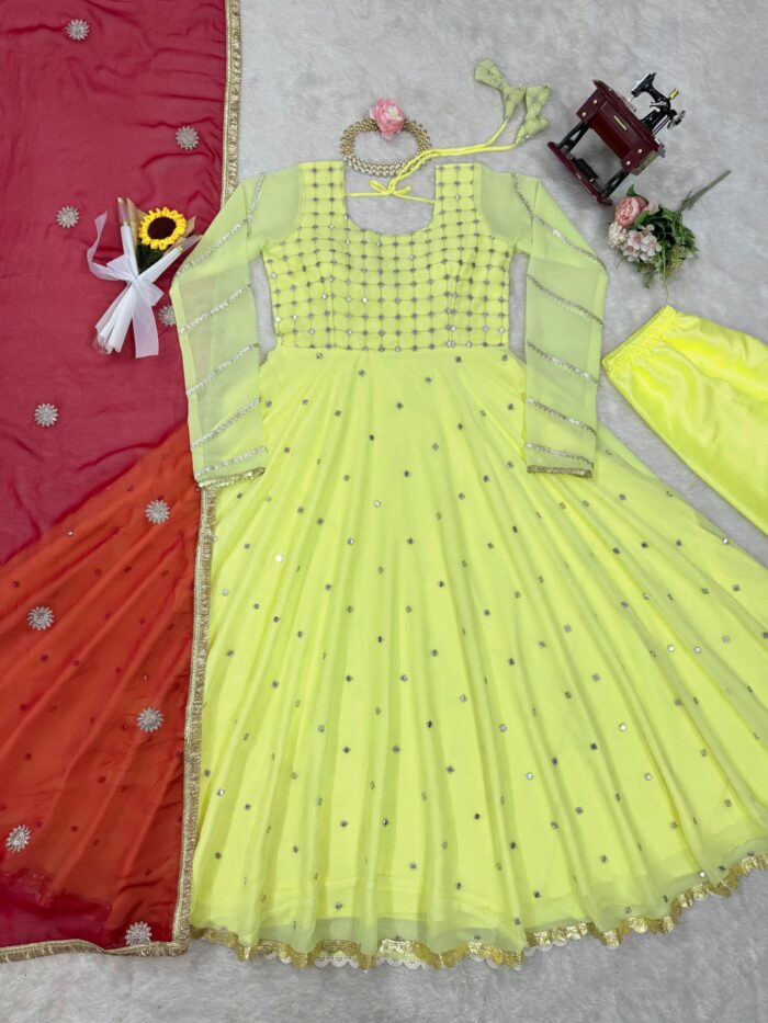 Yellow Anarkali with Red Dupatta - Image 5
