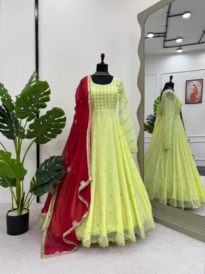 Yellow Anarkali with Red Dupatta - Image 2