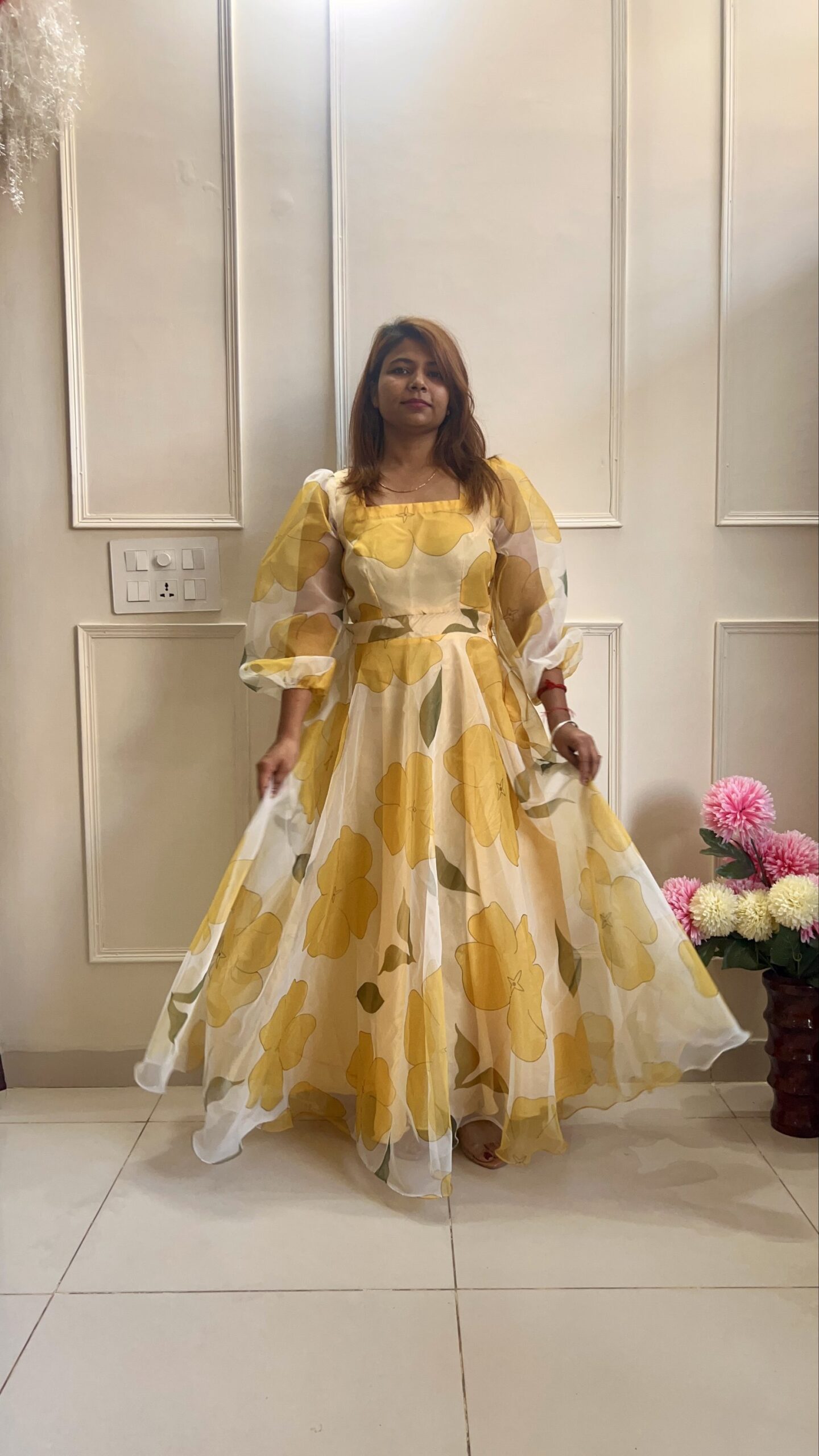 Yellow Floral Gown in Organza - Image 11