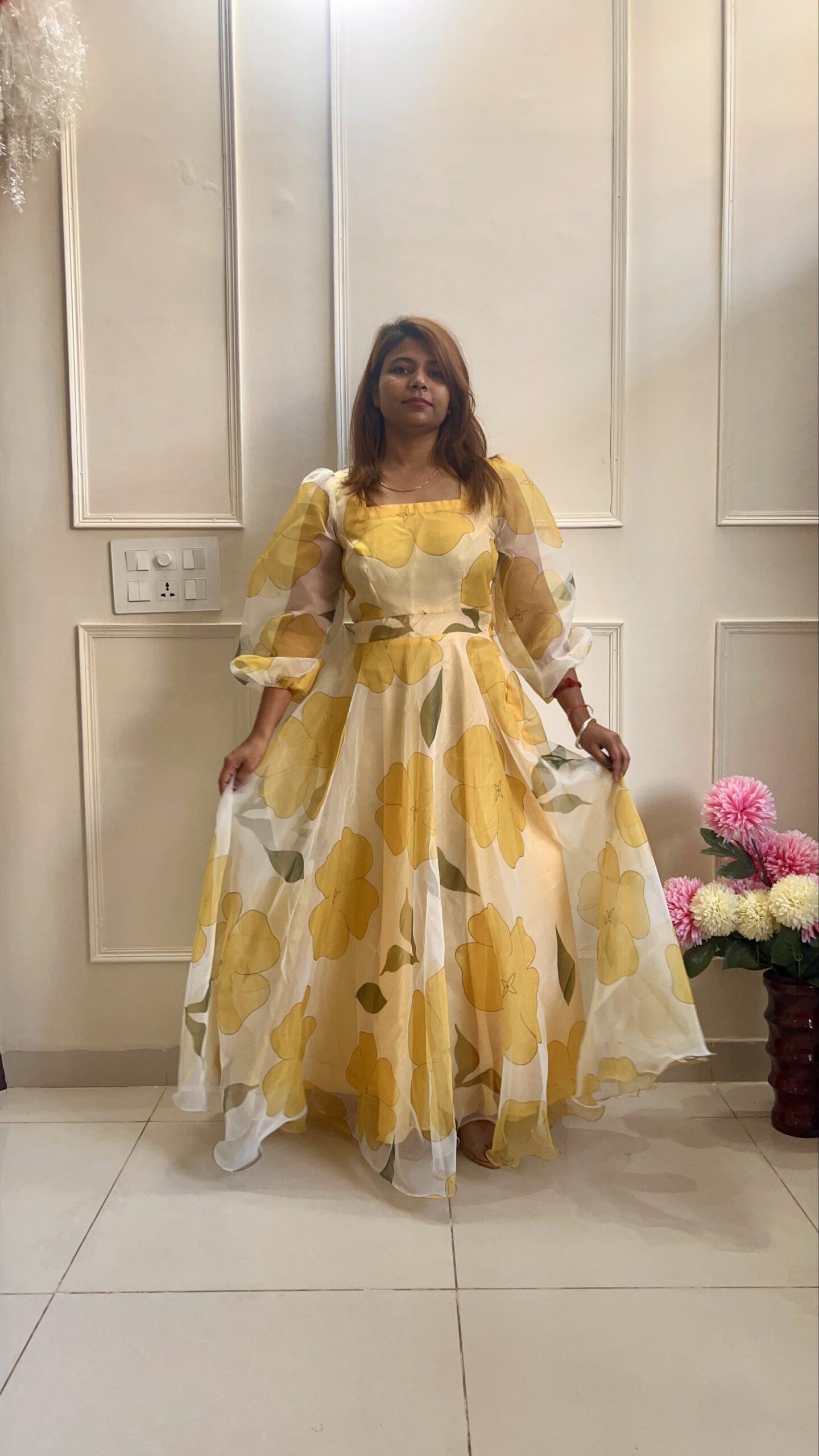 Yellow Floral Gown in Organza - Image 4