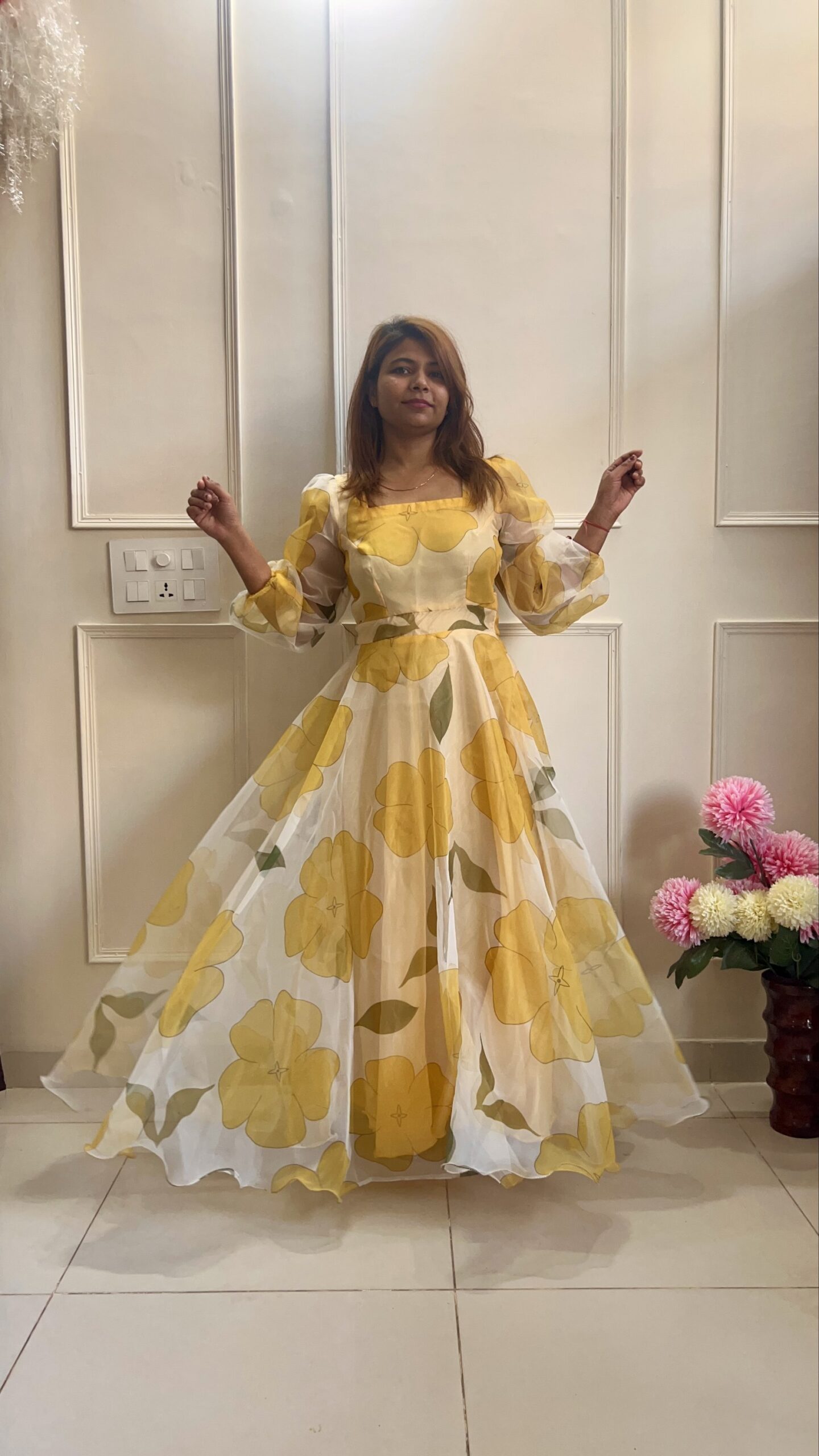 Yellow Floral Gown in Organza - Image 14